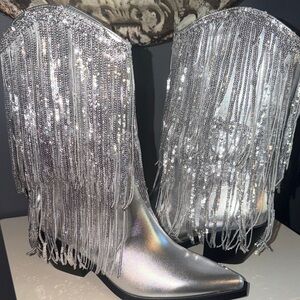 Glamorous Silver Fringe Heeled Boots
